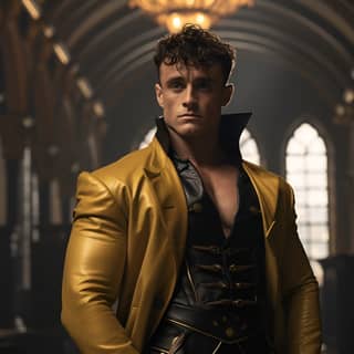 Tom Daley dans une veste en cuir jaune et un pantalon en cuir noir avec de gros biceps et des pectoraux, portant un manteau de harnais militaire ajusté fait de tissu noir et jaune citrine à l'intérieur d'un grand hall.